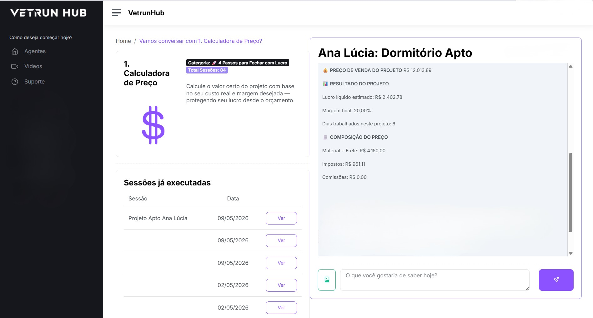 Calculadora de Preço Vetrun em ação